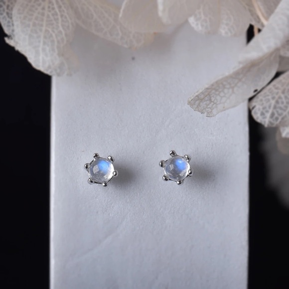 Authentic Natural Moonstone Ear Studs Sterling Silver, Natural Gemstone Earrings - Picture 2 of 5